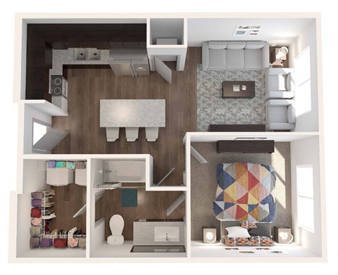 Floor plan for 1 bed, 1 bath, 678 sqft